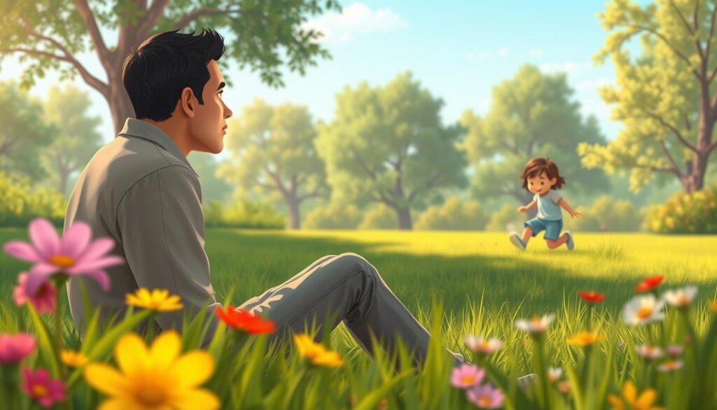 A thoughtful adult in a tranquil green park, watching a younger version of themselves play in the grass - the image that inspired the Ferncross approach.
